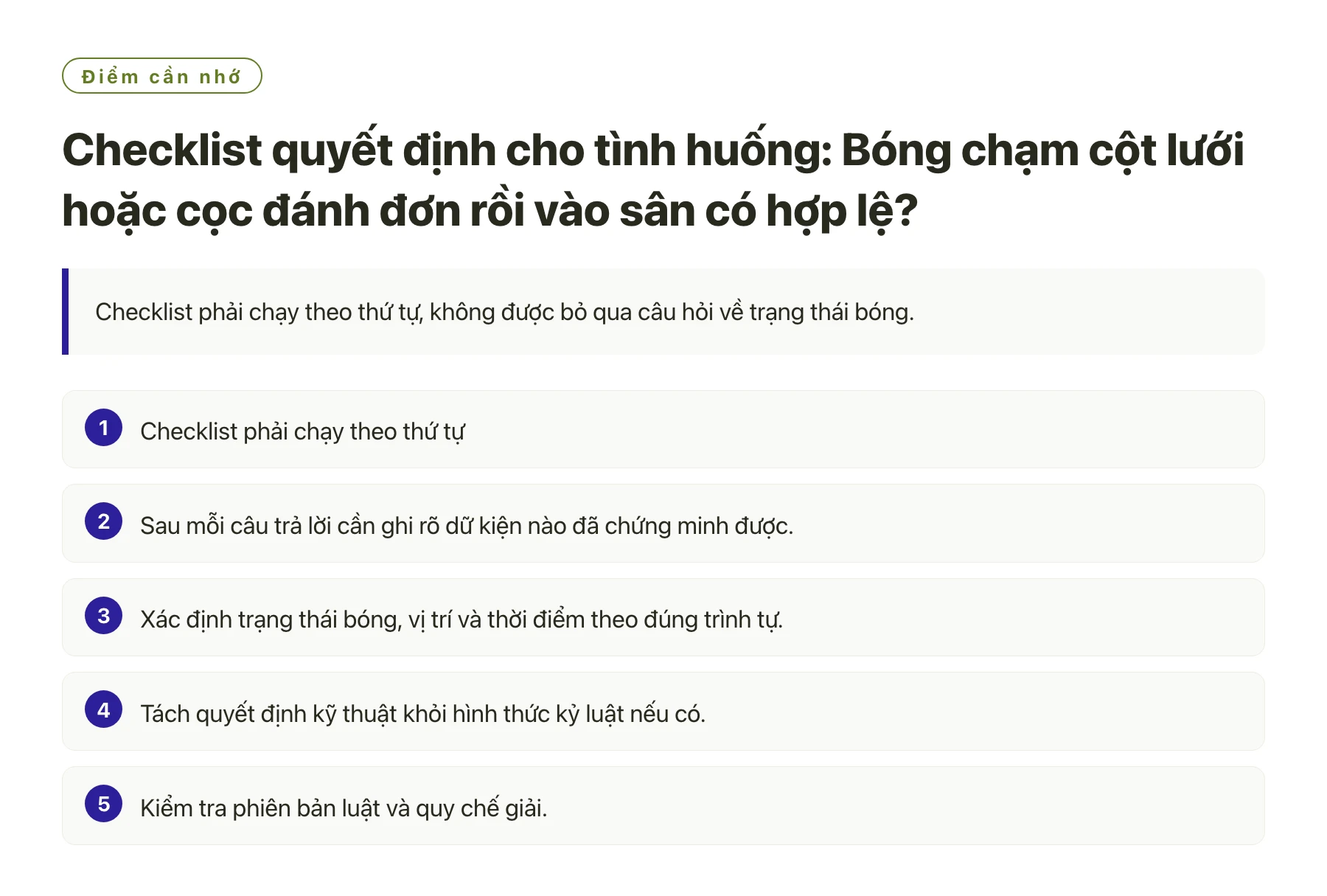 Checklist quyết định cho tình huống: Bóng chạm cột lưới hoặc cọc đánh đơn rồi vào sân có hợp lệ?——全文要点速览